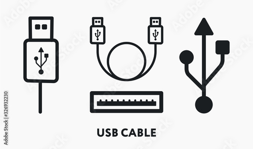 USB Cable Connector Port Cord Wire Symbol. Flat Vector Line Icon Set. photo