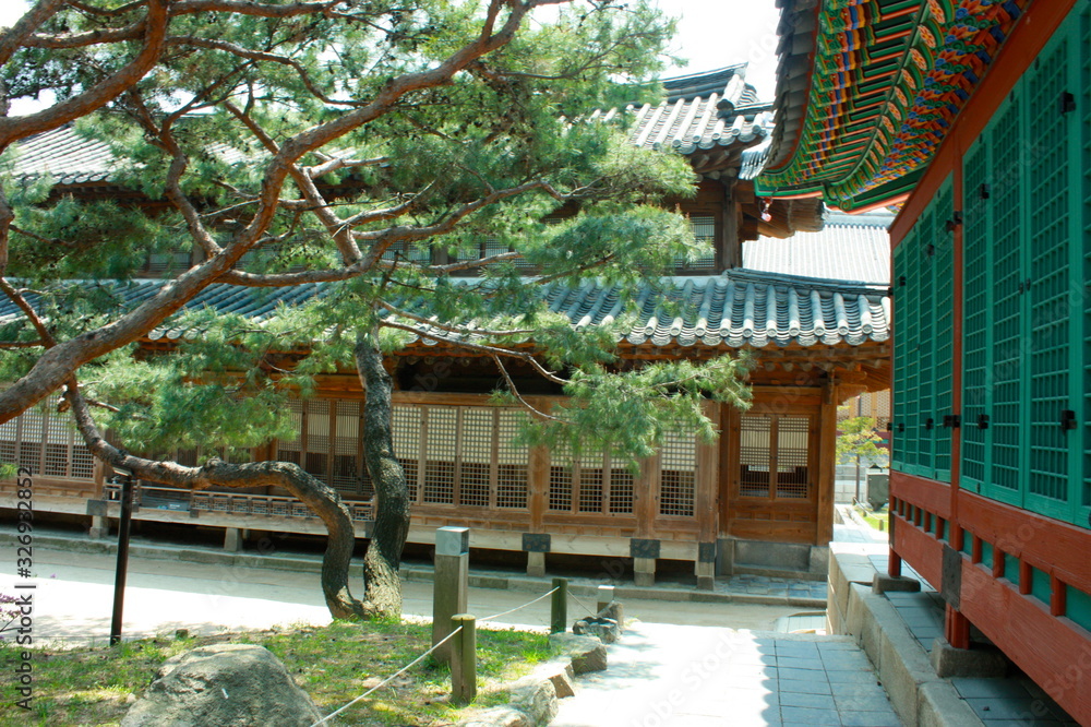 Korean style of pavilion and resident housing in historical architecture style with colourful traditional and indigenous art painting located in a fresh green park.