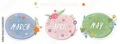 Set of floral spring speech bubbles with inscription March, April, May. Romantic spring stickers with flowers and leaves. Doodle greeting сards collection
