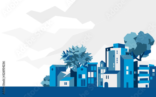 Panoramica città, villaggio con case e alberi, sfondo cielo con nuvole - Illustrazione vettoriale