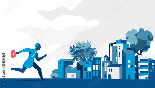 Medico con kit di pronto soccorso, borsa rossa e stetoscopio corre in città. Illustrazione vettoriale