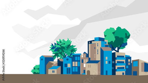 Panoramica città, villaggio con case e alberi, sfondo cielo con nuvole - Illustrazione vettoriale	