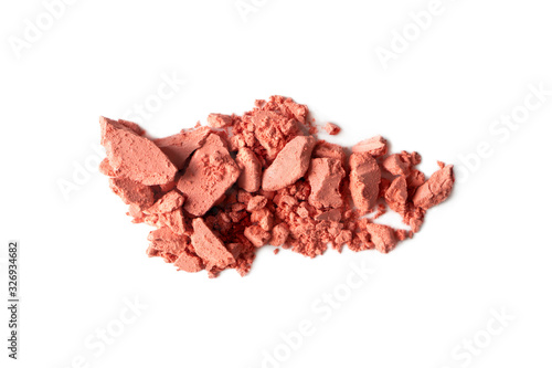 Nude matt blusher smear isolated on white background, close-up. Pink blush texture. Swatch makeup product, macro