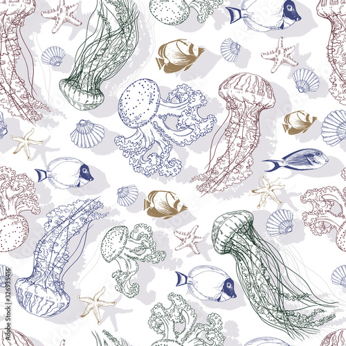 Seamless pattern with tropical fishes and jellyfishes.