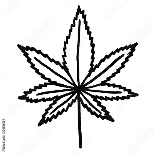  Vector illustration. Close-up of cannabis leaf on a white isolated background. Cover design, clothing print.