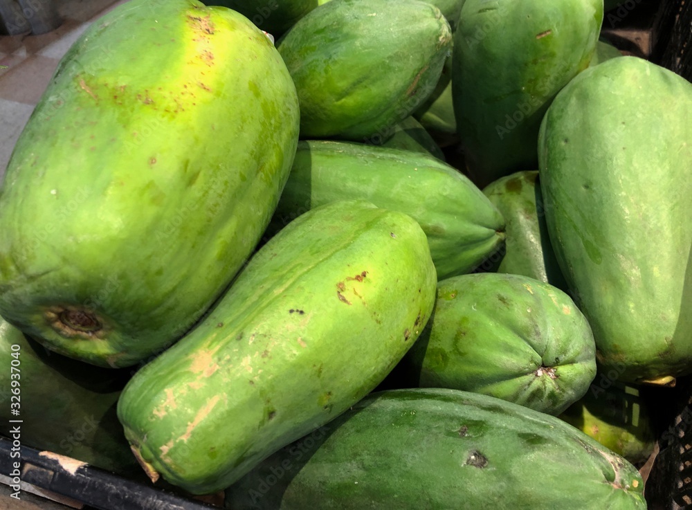 Green, unripe papayas of different sizes sold at the fresh produce section of a grocery store.