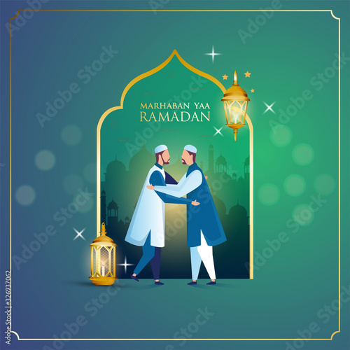 Two Muslims shaking hands for Ramadan greeting concept