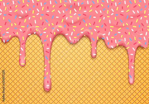 Vector Illustration with Dripping Pink Glaze with Colorful Sprinkles on Waffle. Abstract 3d Food Background