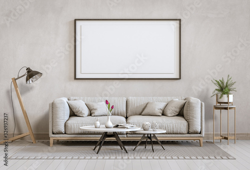 mock up poster frame interior living room background, 3D render