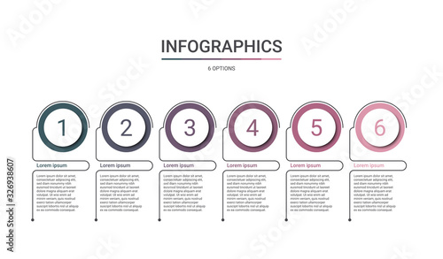 Timeline infographic template with 6 options on white background, vector illustration