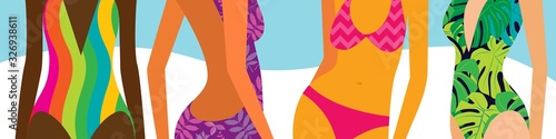 bright beach banner, women of different skin colors in bright swimwear close-up,  		only the torso is visible. local bright spots of colour. horizontal format. vector illustration.  EPS 10.