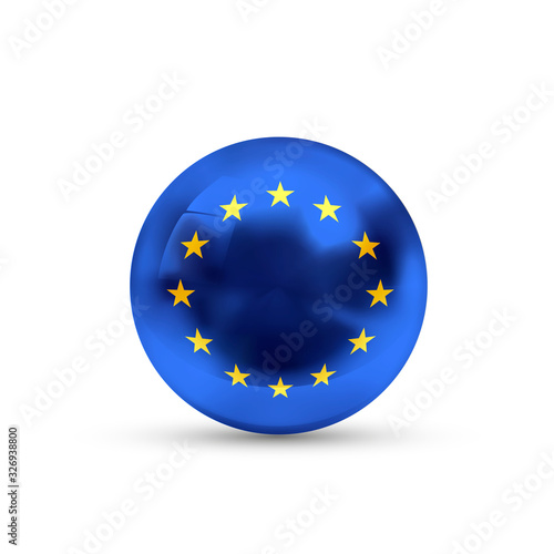 European union flag projected as a glossy sphere on a white background