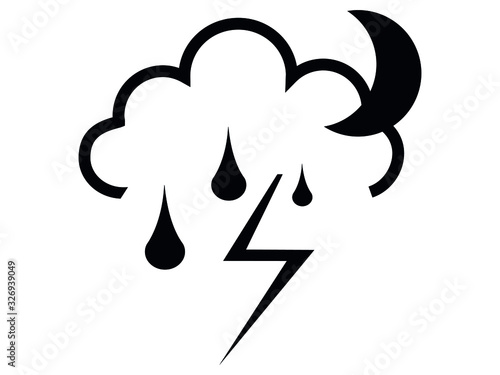 Black and White Weather Forecast Icon for Rainy Thunderstorm Night