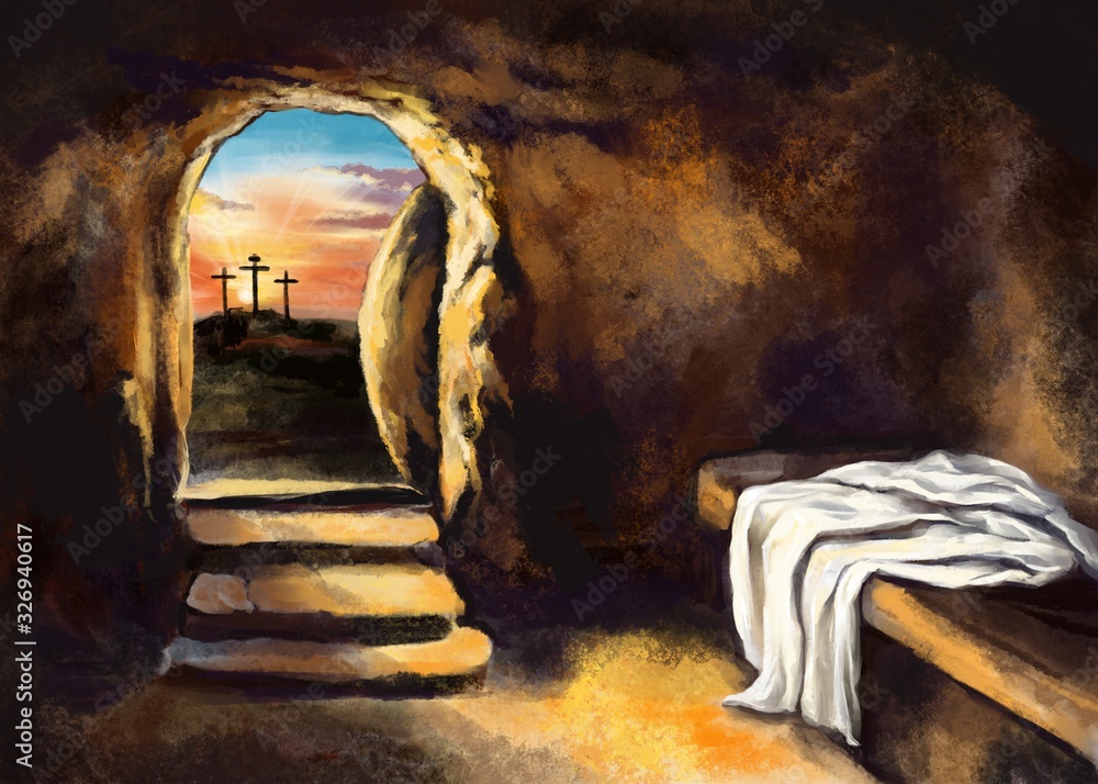 Obraz Easter Jesus Christ rose from the dead. Sunday morning. Dawn. The empty tomb in the background of the crucifixion. Happy easter. Christian symbol of faith, art illustration painted with watercolors