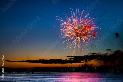 Obraz na plátně Fireworks over river