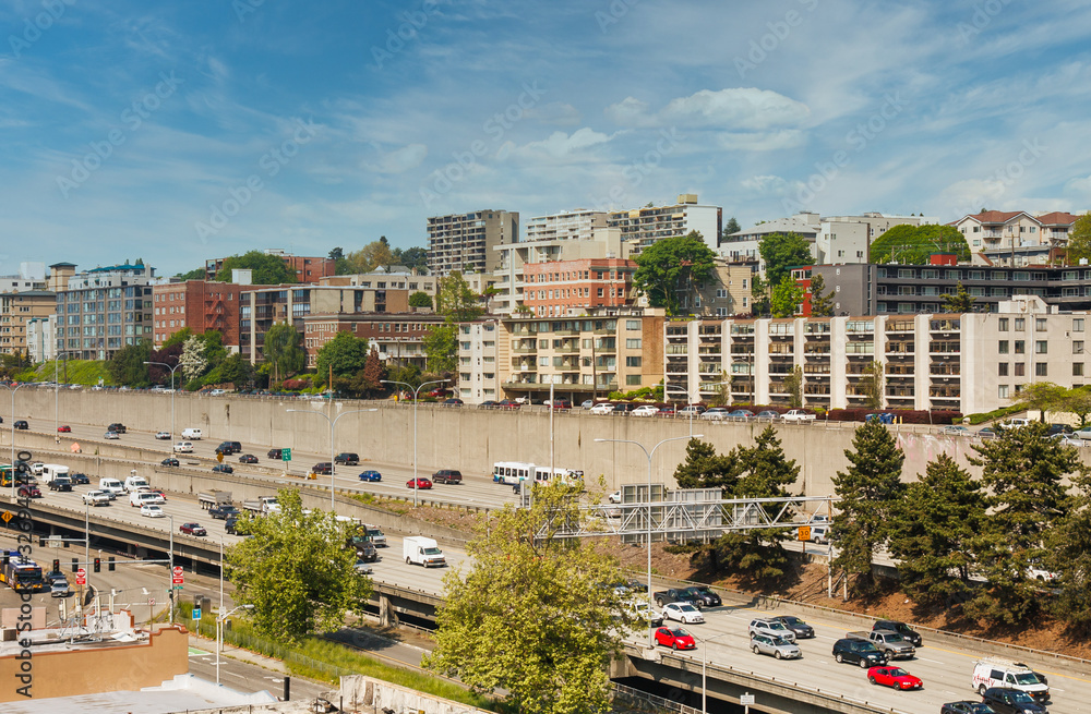 Fototapeta premium Interstate through commercial part of Seattle