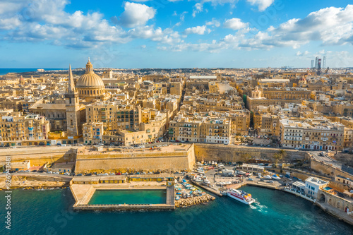 Aerial view of panorama Valletta city - capital of Malta. Europe, Mediterranean sea. Blue sky