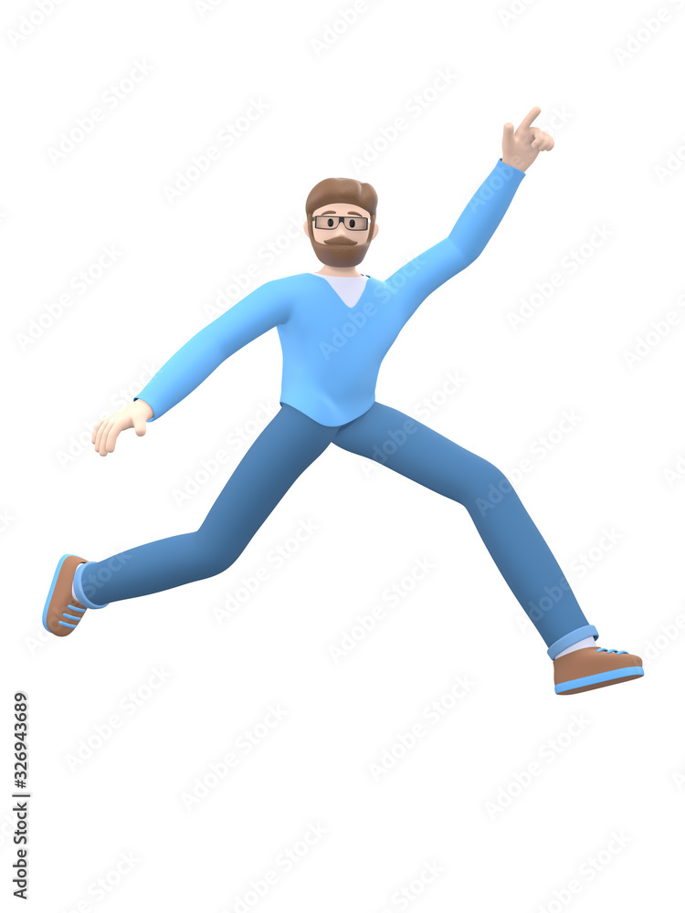 A young cheerful guy with a beard in glasses dances, jumps, levitates and flies. Positive character in casual colored clothes. Funny, abstract cartoon people. 3D rendering. A young cheerful guy with a beard in glasses dances, jumps, levitates and flies. Positive character in casual colored clothes. Funny, abstract cartoon people. 3D rendering.