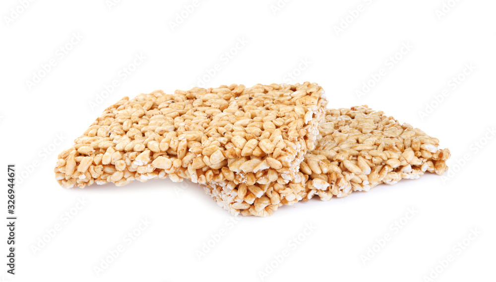 Delicious rice crispy treats on white background Delicious rice crispy treats on white background