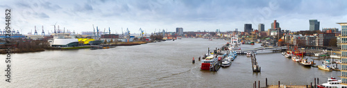 Panoramic views of the Elbe River  harbor  dock and waterfront in Hamburg  Germany.