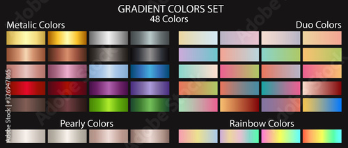 Metal gradient color set, plus duo gradient colors, pearl colors and gradient rainbow colors. Textures for surfaces, backgrounds, templates and screens. Gold, silver , bronze and colorful swatches.