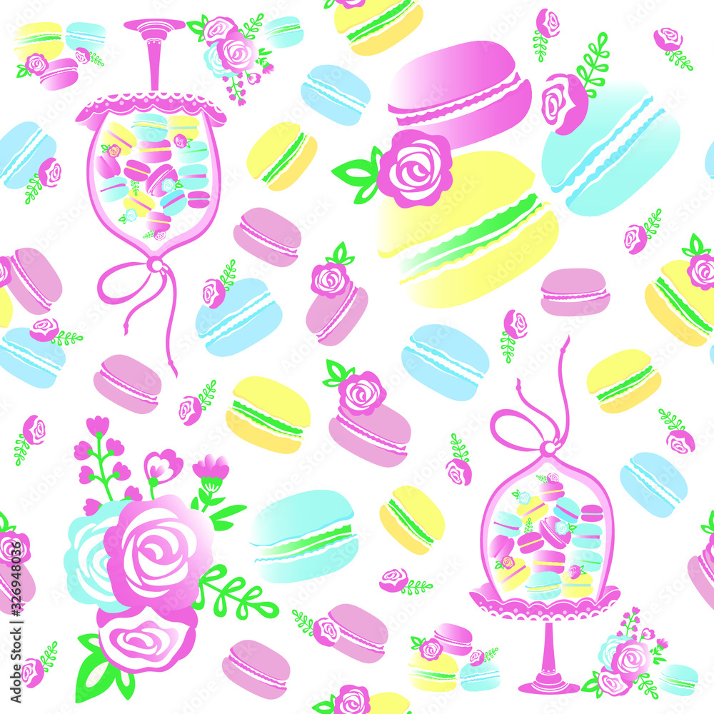 Cakes seamless pattern. Macaroons. Fine tasty sweets treats. Vector template for printing on textiles, paper, packaging, wallpaper. Cakes seamless pattern. Macaroons. Fine tasty sweets treats. Vector template for printing on textiles, paper, packaging, wallpaper.