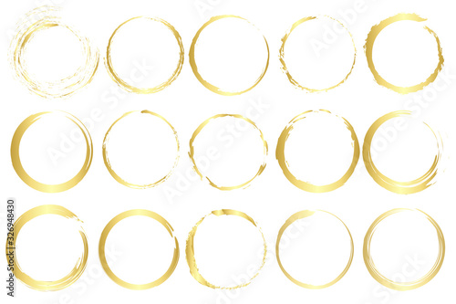 Set of isolated circles frame with gold texture. 15 line styles with golden effect. Isolated vectors