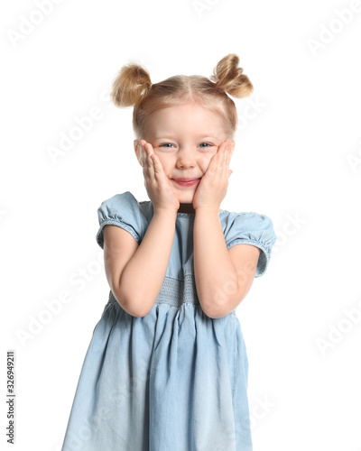 Portrait of cute little girl on white background