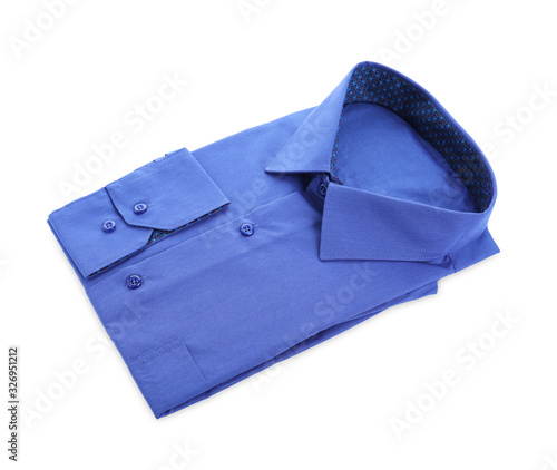 Stylish blue shirt isolated on white. Dry-cleaning service