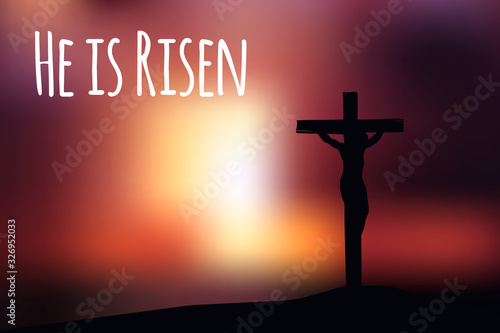 True Easter scene  cross on dramatic sunset scene  with text  He is risen . Horizontal oriented  vector illustration  transparency and gradient meshes.