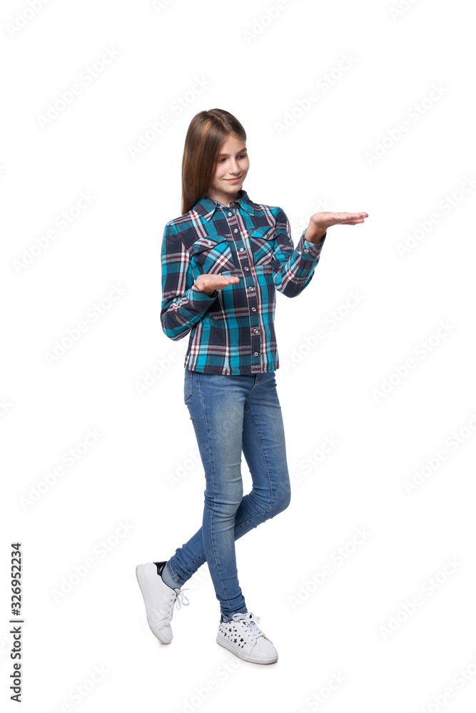 Teen girl with two opened hand palms with blank copy spaces