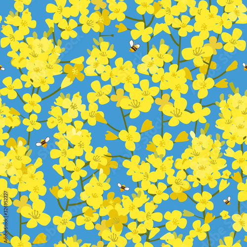 Seamless rape plant pattern, vector flower background. Texture for print, spring summer fashion, textile design, fabric, honey shop website, wallpaper