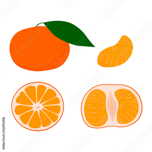 Tangerines with green leaves. Collection whole tangerines or mandarins orange fruits and peeled segments isolated on white background.