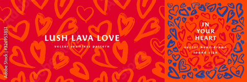 Vector romantic pattern. Ink hearts doodle ornament. Hand-drawn illustrations for romantics background for wedding banner. Red hearts backdrop. Love seamless pattern. Burlesque sign. Heart icons.