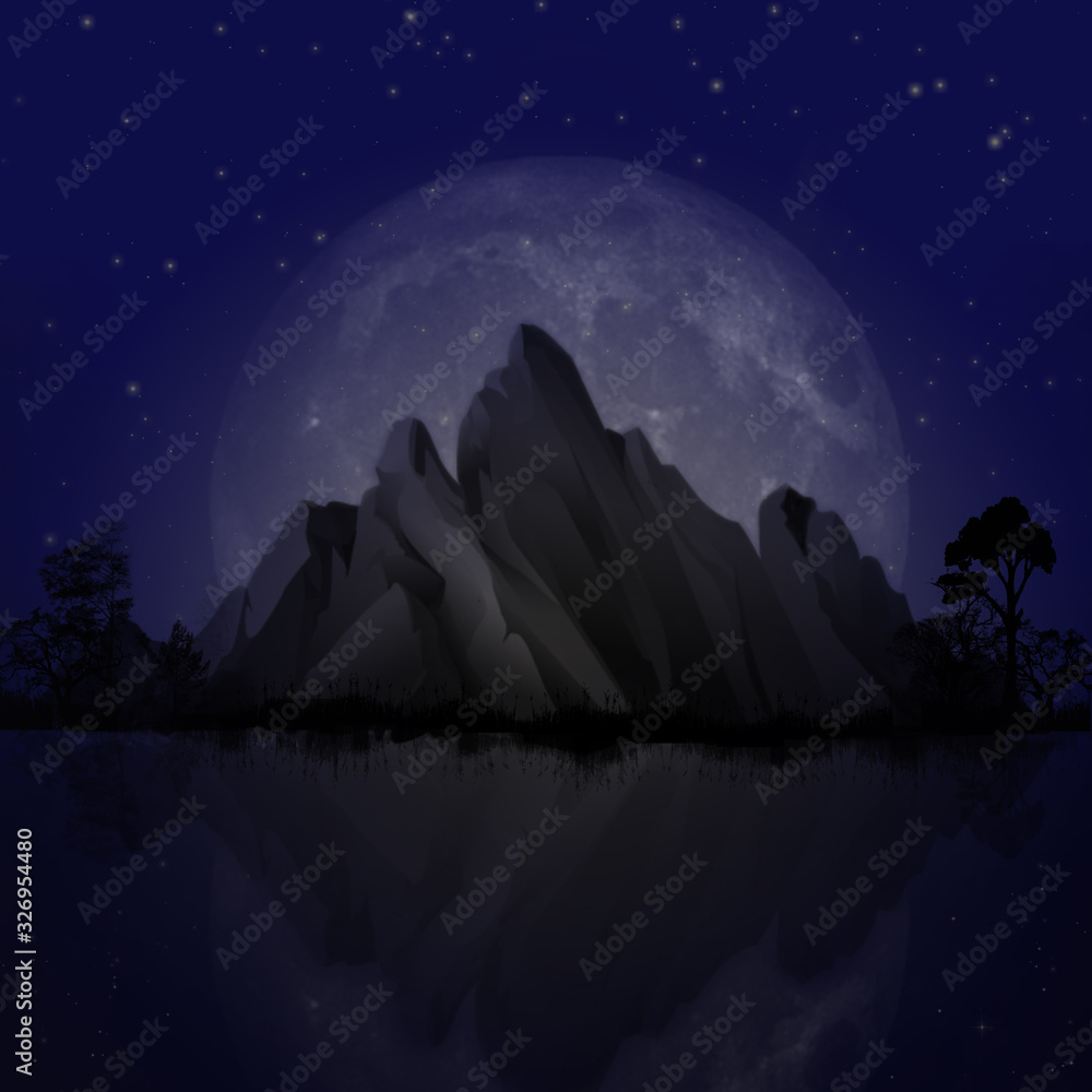 Mountain view with full moon in the background and reflection in the water in front. Illustration.