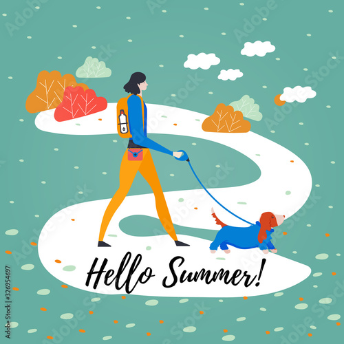 Design template card with cartoon style icons of basset hound and personal dog-walker with text "Hello Summer". Cute girl and a pet outdoors.