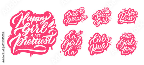 Girl power phrases calligraphic inscriptions bundle. Like boss, sassy girl, grl pwr letterings
