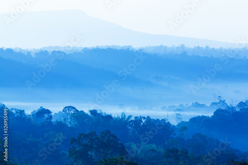 Landscape of blue mountain in the morning mist. © Tanes