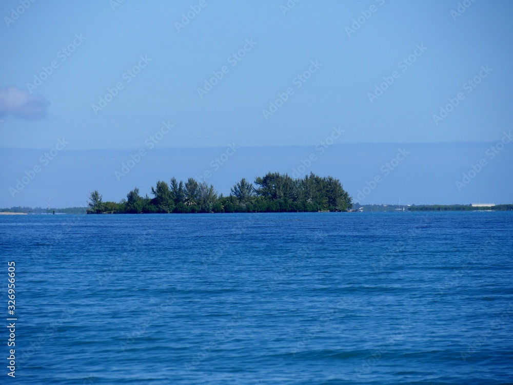 Small island covered with young grees surrounded by the blue waters of the Caribbean sea in Placencia, Belize.
