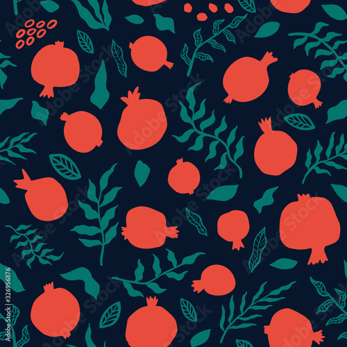 Pomegranate seamless pattern with leaves.