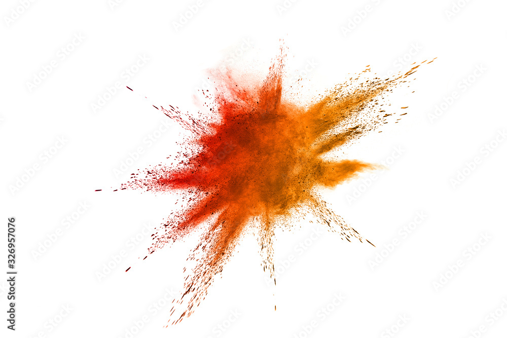 Abstract orange powder explosion. Closeup of orange dust particle splash isolated on white background. Abstract orange powder explosion. Closeup of orange dust particle splash isolated on white background.
