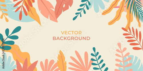 Vector illustration in simple flat style with copy space for text - background with plants and leaves - backdrop for greeting cards, posters, banners and placards
