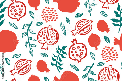 Pomegranate seamless pattern with leaves.