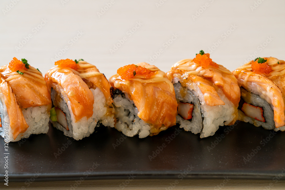 grilled salmon sushi roll with sauce grilled salmon sushi roll with sauce