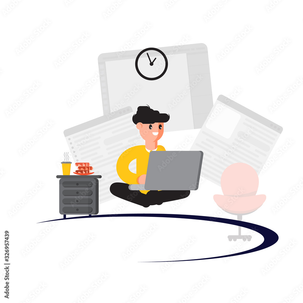 character works at the computer. distant work. remote work. - Vector character works at the computer. distant work. remote work. - Vector