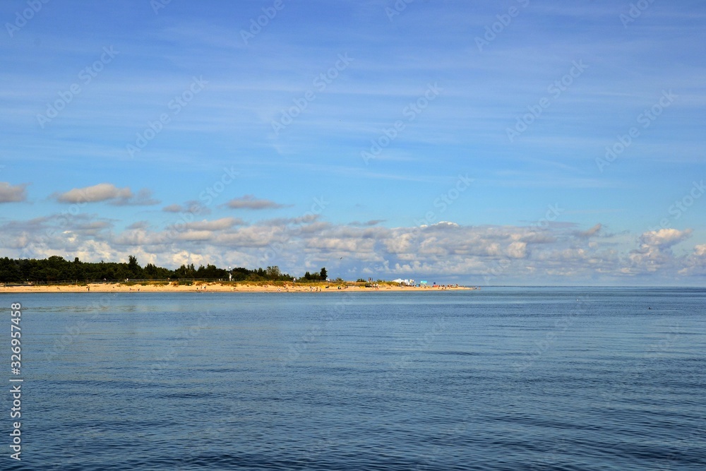 View from the Baltic Sea sea to the beach on the end of Hel peninsula. Poland View from the Baltic Sea sea to the beach on the end of Hel peninsula. Poland
