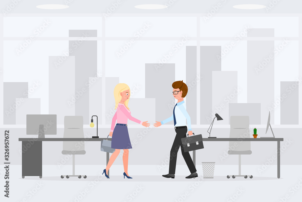 Fototapeta premium Friendly man and woman hands shaking meeting partners vector illustration. Two coworkers making negotiation deal at office interior cartoon character set on cityscape background