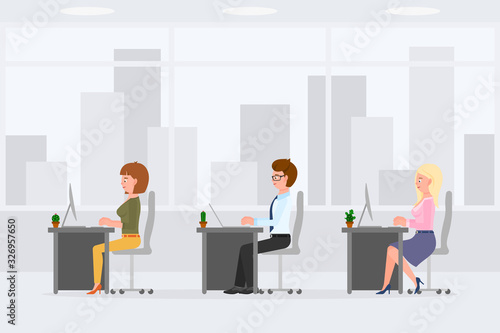 Cute, funny business colleagues sitting at desk, typing on computer, desktop, laptop vector illustration. Man and woman coworkers in office interior cartoon character set on cityscape background