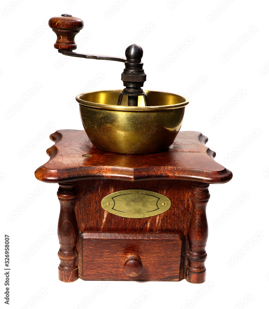 Manual coffee grinder isolated on a white background. Old wooden coffee grinder, Manual coffee grinder isolated on a white background. Old wooden coffee grinder,