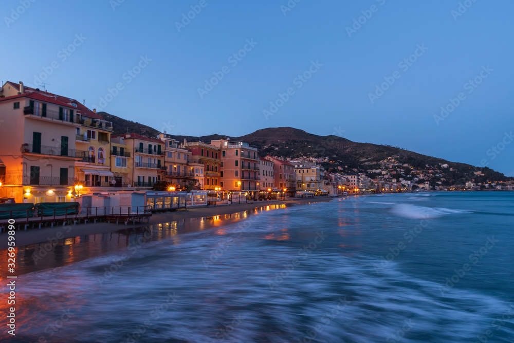 Alassio from the sea by night, Liguria, Italy